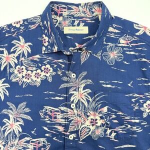 Tommy Bahama Button Down Shirt Mens Large Blue Tropical Palm Tree Summer Wear